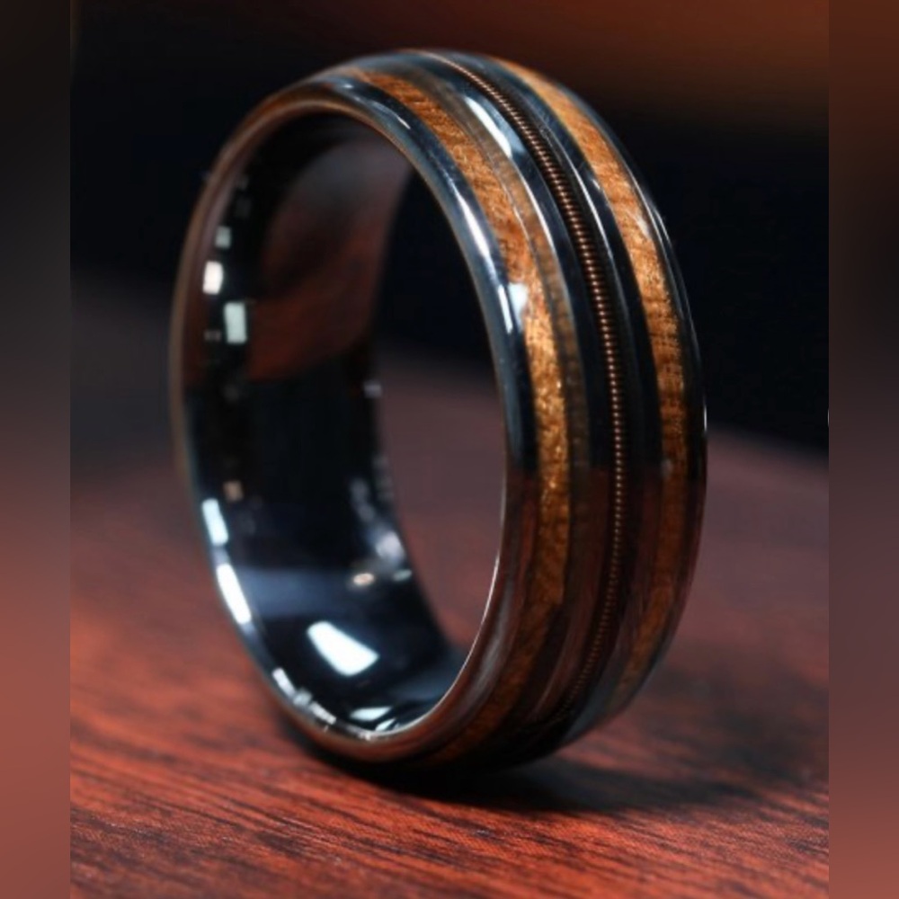 Whiskey Barrel Wood Guitar String Black Ceramic Wedding Band 8mm Sizes 8-12